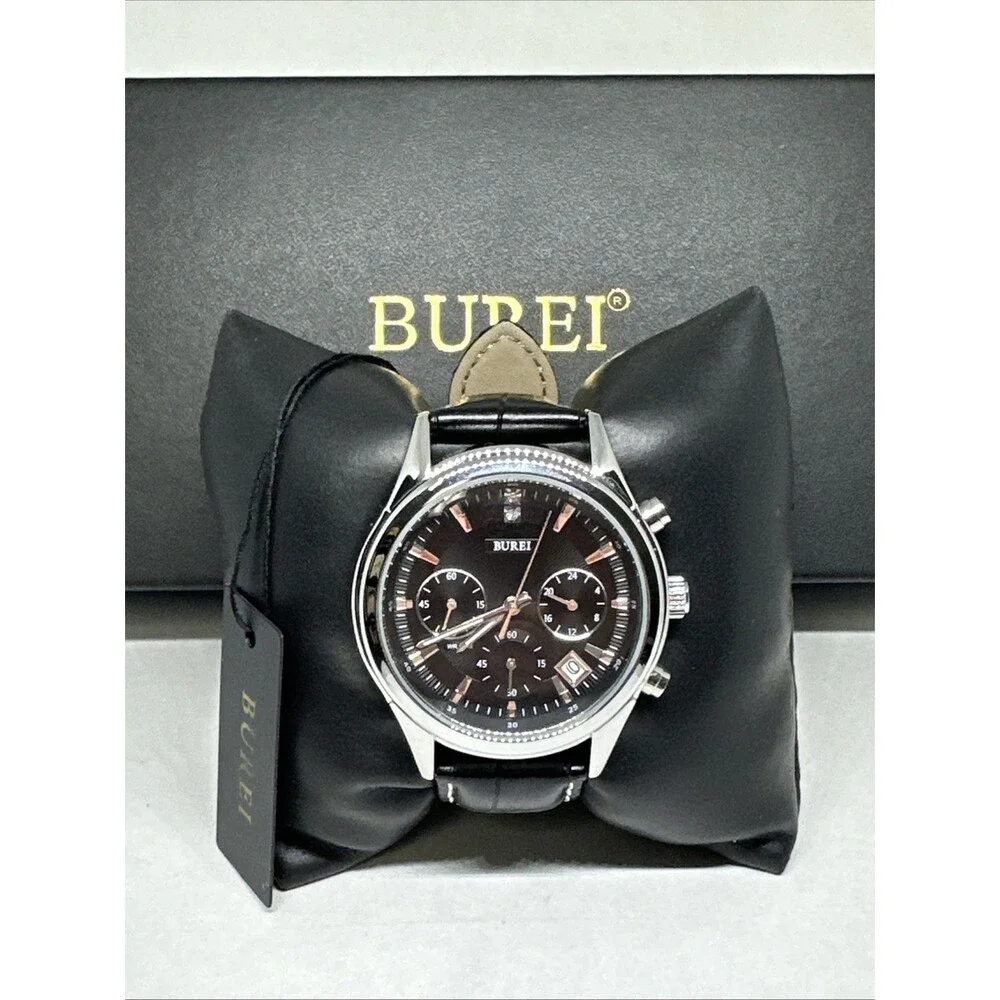 Burei S-17005M Men's Black Leather Strap Analog Dial Quartz Wrist Watch XOB29